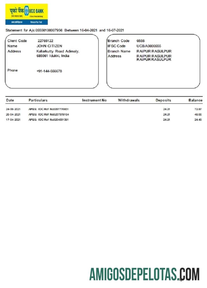 Modelo realista de extrato bancário UCO da Índia em formato Word e PDF